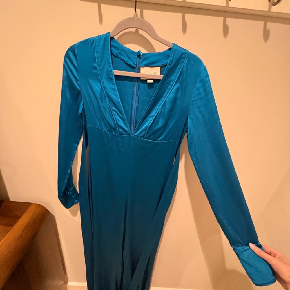 Alexis Satin Turquiose Long Sleeve Jumpsuit, Pockets Palazzo Pants Belted waist